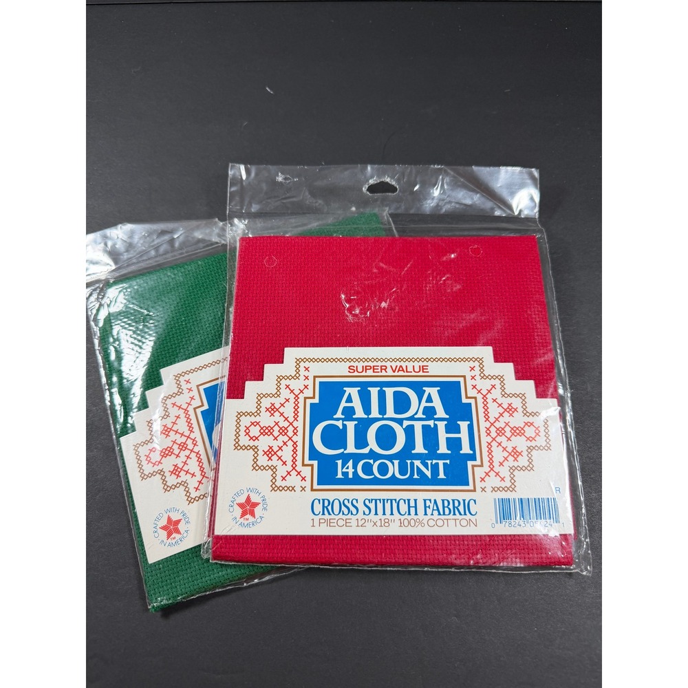 Aida Cloth Cross Stitch Fabric 12x18 Red‎ Green 14 Count Lot of 2